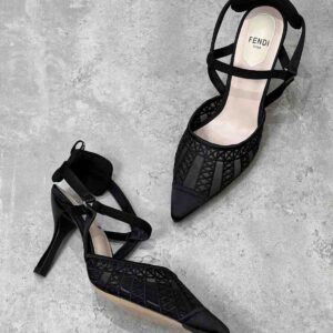 Fendi Black Lace and Leather Colibri Lite Slingback Pumps