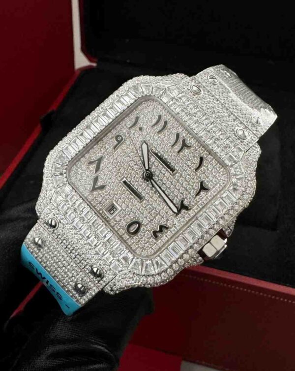 Cartier Arabic Dial VVS Square Steel Iced Out Watch